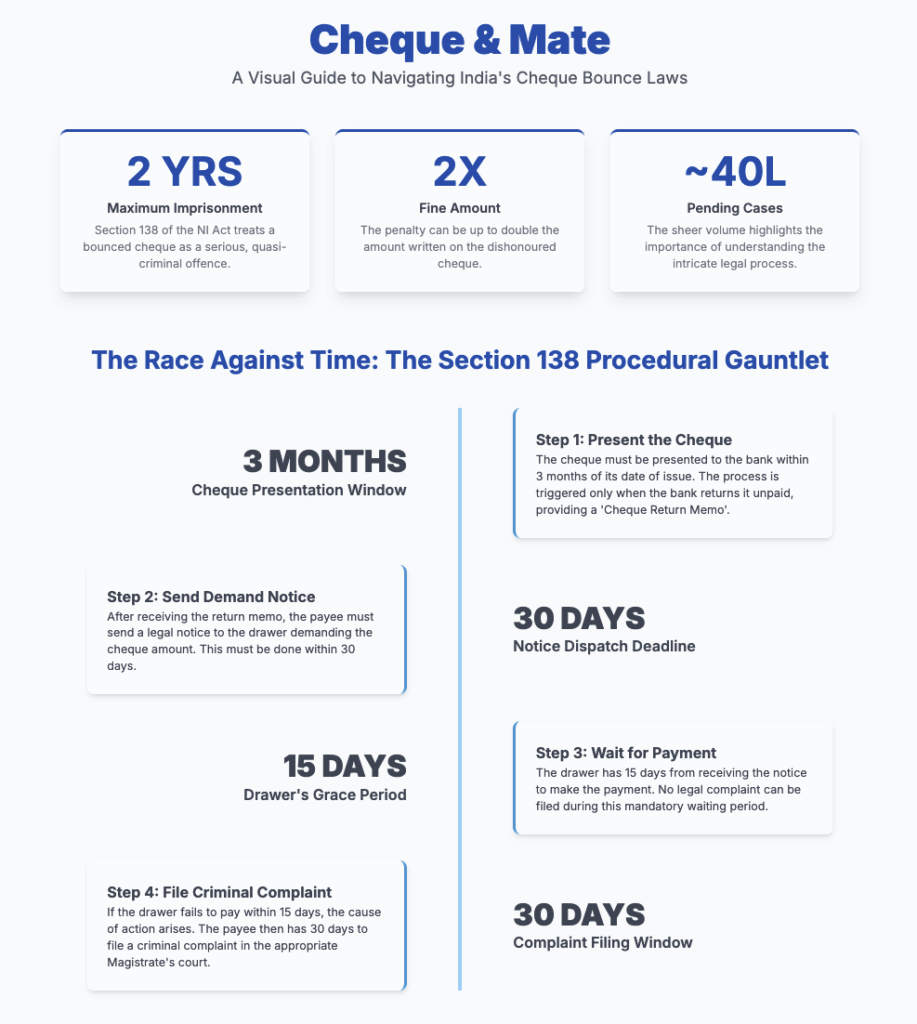 A comprehensive legal guide to the cheque bounce case procedure in India covering Section 138 of the NI Act the new BNSS legal notices common defences for the accused and key court judgments