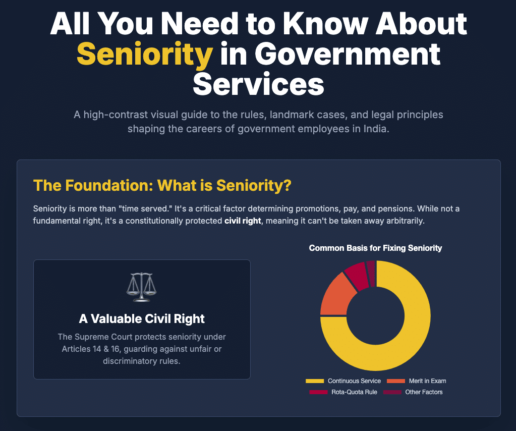 ServiceLaw Seniority GovernmentJobs EmployeeRights CivilRights IndianLaw SupremeCourtOfIndia CentralAdministrativeTribunal CATJudgements CareerProgression PromotionRules DirectRecruitment ConsequentialSeniority ReservationInPromotion KMeghachandraSingh NRParmar Article14 Article16 LegalAdviceIndia PatrasLawChambers