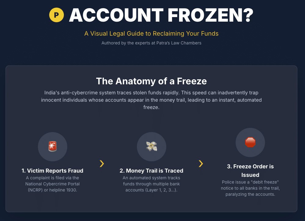Unfreeze Bank Account Cybercrime India Bank Account Freeze Legal Advice India NCRP 1930 BNSS IT Act 2000 High Court India Banking Ombudsman Cyber Law Financial Fraud Police Complaint Lien On Account Right To Information Indian Law Article 226 Debit Freeze Cyber Security RBI Legal Help