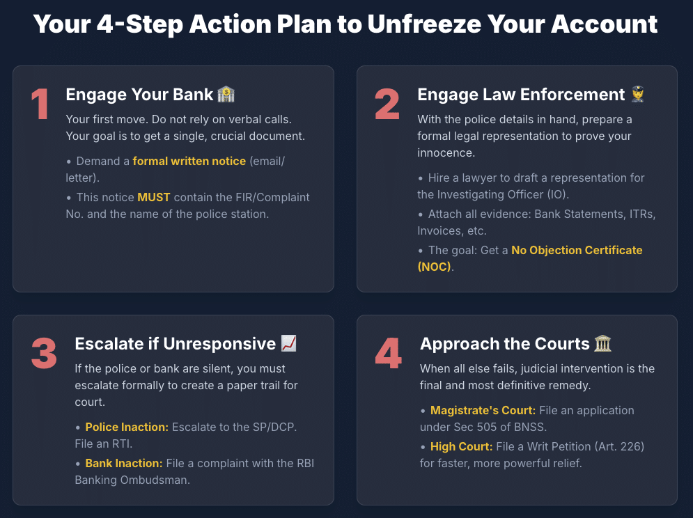 Unfreeze Bank Account Cybercrime India Bank Account Freeze Legal Advice India NCRP 1930 BNSS IT Act 2000 High Court India Banking Ombudsman Cyber Law Financial Fraud Police Complaint Lien On Account Right To Information Indian Law Article 226 Debit Freeze Cyber Security RBI Legal Help