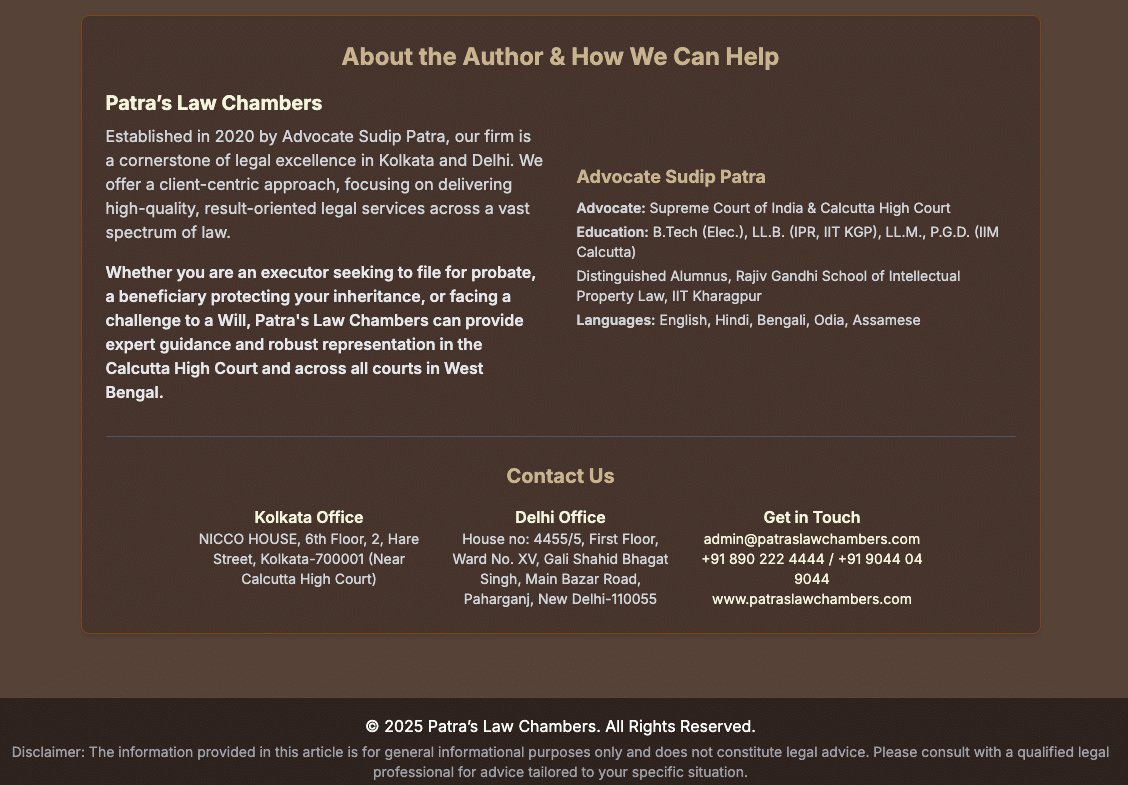 Probate Law India Calcutta High Court Indian Succession Act Probate Kolkata Will and Testament Estate Planning Succession Law Legal Advice India West Bengal Law Patras Law Chambers Testamentary Suit Inheritance Law Probate Process Executor Of Will Legal Heir Property Law Indian Lawyer Kolkata Lawyer High Court Procedure Landmark Judgments