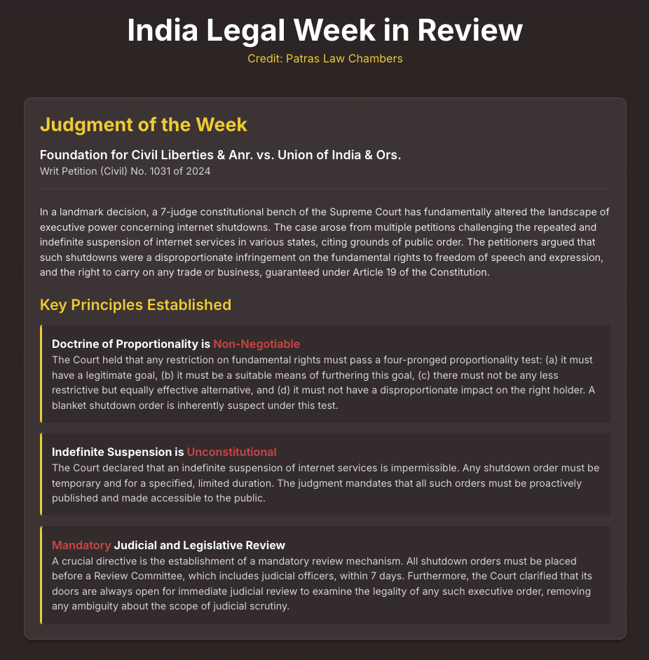 WeeklyLegalNews WeeklyLegalSummary LegalUpdate LawRoundupIndia SupremeCourtOfIndia HighCourtJudgments IndianJudiciary LegalNewsIndia InternetShutdown ConstitutionalLaw FundamentalRights FreedomOfSpeech JudicialReview DPDPAct DataPrivacy IndianLaw InternationalLaw GlobalLegalNews PatrasLawChambers LegalInsights
