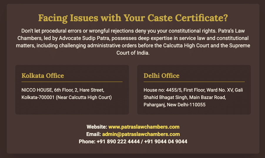 Caste Certificate India Reservation Policy India SC ST OBC West Bengal Caste Certificate How to get Caste Certificate Calcutta High Court Writ Petition Reservation in Promotion Landmark Judgments on Reservation Indra Sawhney case M Nagaraj case Jarnail Singh case Creamy Layer 50 Ceiling Rule West Bengal OBC list Legal Remedies Caste Certificate Patras Law Chamber