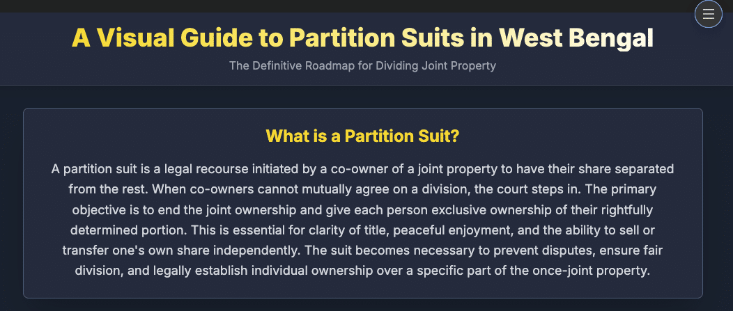 partition suit west bengal property law india how to file partition suit kolkata property lawyer civil procedure code partition act 1893 west bengal court fees family property division landmark judgments partition legal advice kolkata