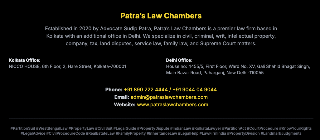 partition suit west bengal property law india how to file partition suit kolkata property lawyer civil procedure code partition act 1893 west bengal court fees family property division landmark judgments partition legal advice kolkata