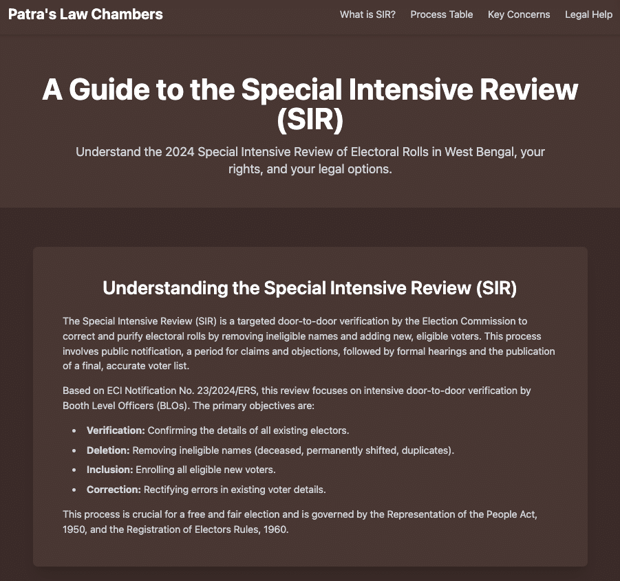 Screenshot 20251106 at 31426 PM Patras Law Chamber Special Intensive Review SIR West Bengal Election Commission Electoral Roll Verification ECI Notification 232024ERS Voter List Correction Form 6 7 8 Legal Guide Election Law Patra's Law Chambers, Advocate Calcutta High Court, West Bengal News