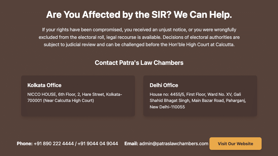 Screenshot 20251106 at 31522 PM Patras Law Chamber Special Intensive Review SIR West Bengal Election Commission Electoral Roll Verification ECI Notification 232024ERS Voter List Correction Form 6 7 8 Legal Guide Election Law Patra's Law Chambers, Advocate Calcutta High Court, West Bengal News