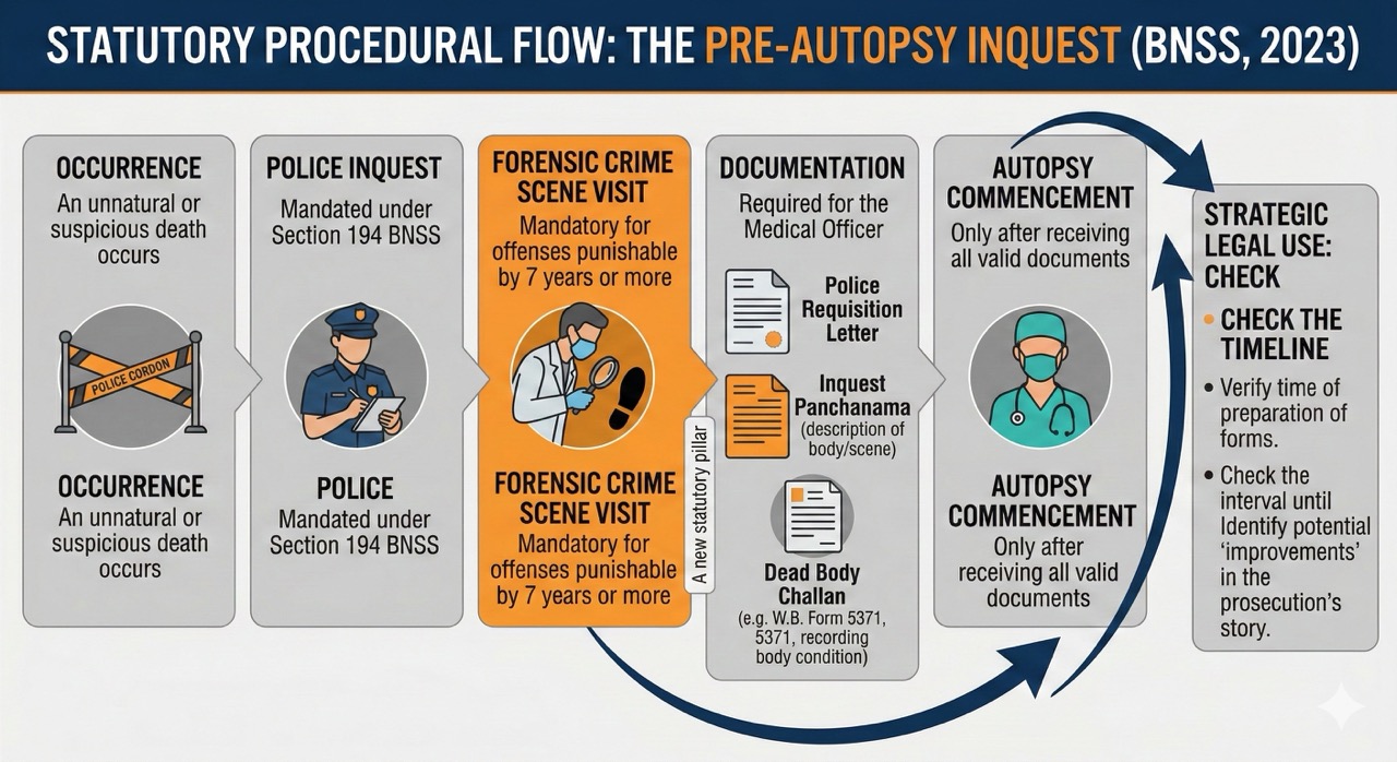 GeminiGeneratedImage1ik7av1ik7av1ik7 Large Patras Law Chamber STATUTORY PROCEDURAL FLOW THE PRE AUTOPSY INQUEST BNSS 2023