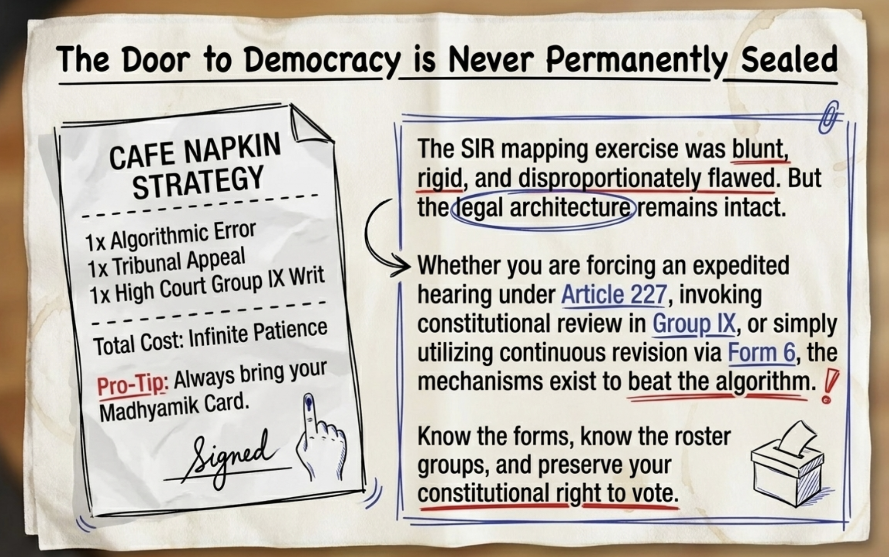 how to appeal voter card deletion west bengal, voter card deleted logical discrepancy, eci logical discrepancy voter notice, how to prove unmapped voter status, sir tribunal appeal procedure wb, calcutta high court group ix residuary writ, how to expedite tribunal hearing article 227, calcutta high court writ petition for voter card, voter list appeal deadline condonation of delay, section 5 limitation act voter card appeal, represent voter card deletion in tribunal, 19 appellate tribunals west bengal list, voter list correction online portal ecinet, advocate sudip patra calcutta high court, patras law chambers kolkata office, how to fix spelling error on voter card, voter card deleted asdd list, booth level officer verification process, voter id card restoration supreme court, mostari banu vs election commission of india, association for democratic reforms eci, continuous revision of electoral rolls form 6, how to file fresh form 6 after rejection, can i vote if tribunal appeal is pending, interim voting rights supreme court sir, calcutta high court mentioning practice writ, e filing cis 3.0 calcutta high court, check voter tribunal appeal status online, sdo sdm dm office voter appeal wb, voter identity proof vs age proof aadhaar, madhyamik admit card voter id proof, registered land deeds for unmapped voter, ancestral heritage proof citizenship voter list, west bengal assembly elections voter list, bypass voter tribunal backlog high court, writ of mandamus voter card restoration, writ of certiorari quash tribunal order, civil revisional application article 227 wb, supervisory jurisdiction calcutta high court, voter card correction kolkata lawyers contact, top supreme court lawyers in kolkata, IIT IIM alumnus law firm kolkata, patras law chambers delhi office, voter list verification manual 2026, voter card cancel correction bangla, voter list appeal form download, how to restore deleted voter id card, voter card verification sms not received, delayed voter appeal limitation condonation, calcutta high court appellate side rules group 9, Residuary matters calcutta high court lawyers, draft writ petition voter card format, save your democratic vote lawyer west bengal