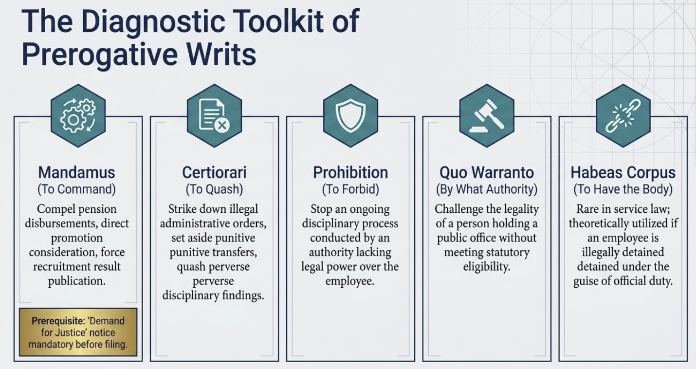Illustration of legal remedies when an administrative tribunal becomes non-functional due to absence of quorum, explaining restoration of High Court jurisdiction under Article 226, urgent interim relief against transfers or dismissal, Article 227 supervisory powers, and limitations requiring proof of actual tribunal non-functionality.