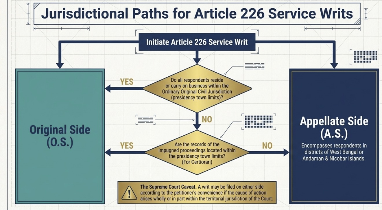 Decision-making flowchart for determining whether a service writ under Article 226 should be filed on the Original Side or Appellate Side of the Calcutta High Court, based on territorial jurisdiction, residence of respondents, location of records, and cause of action.