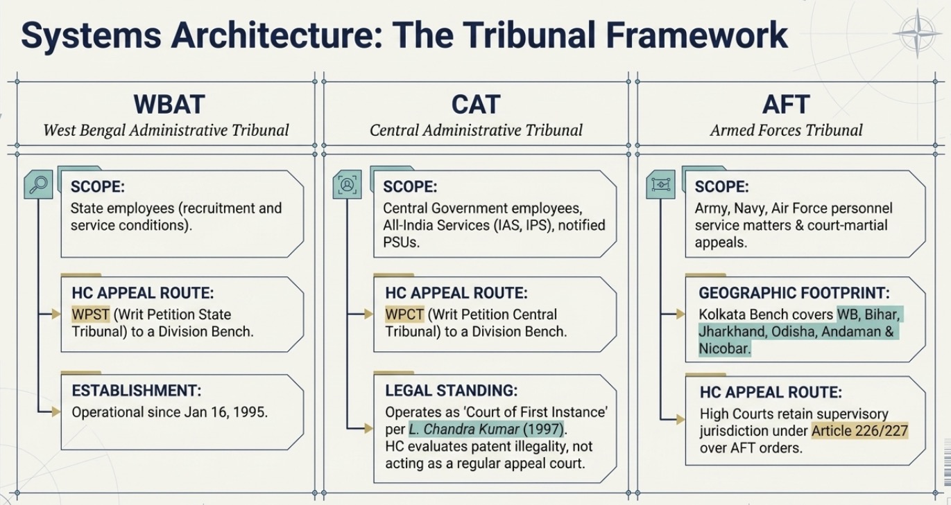 Comparative chart explaining the jurisdiction and framework of the West Bengal Administrative Tribunal (WBAT), Central Administrative Tribunal (CAT), and Armed Forces Tribunal (AFT), including their scope, appellate routes before High Courts, geographical jurisdiction, and constitutional supervisory powers under Articles 226 and 227.