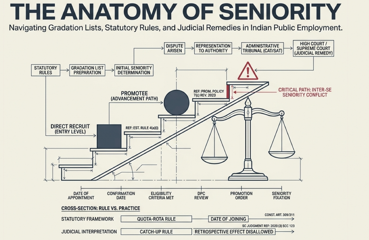 "Infographic explaining the anatomy of seniority in Indian public employment, showing gradation lists, quota-rota rules, direct recruits, promotees, administrative tribunals, judicial remedies, and promotion pathways."