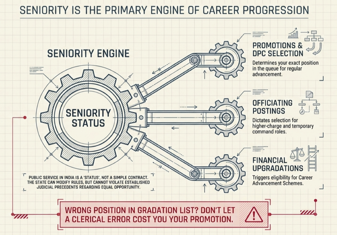 Engineering-style infographic illustrating how seniority status influences promotions, DPC selection, officiating postings, and financial career advancement in government service