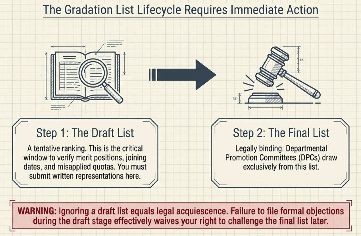 Legal infographic showing the transition from draft gradation list to final gradation list, emphasizing the importance of filing objections during the draft stage to preserve legal rights.