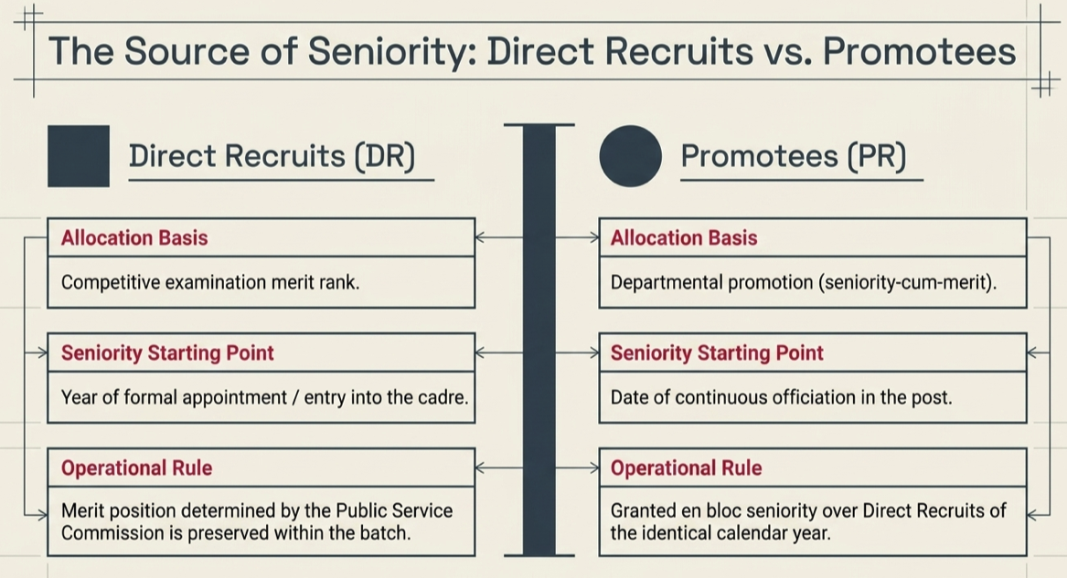Diagram illustrating the quota-rota rule governing seniority between direct recruits and promotees, showing rotational integration and relative ranking within government service.
