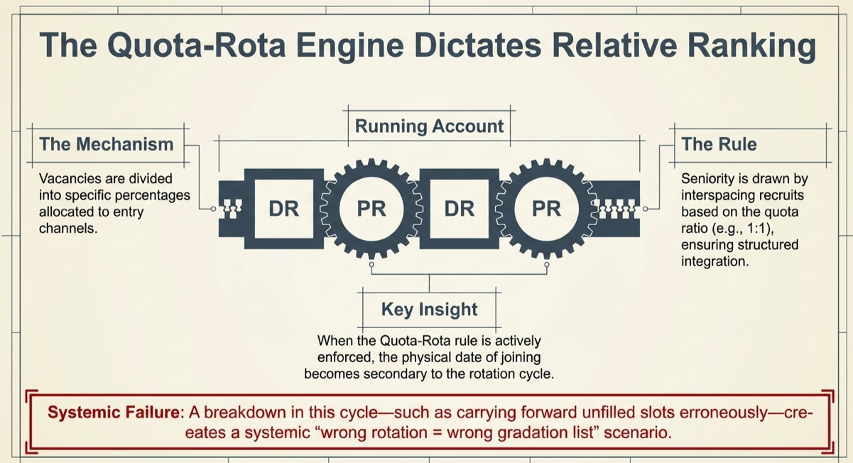 Diagram illustrating the quota-rota rule governing seniority between direct recruits and promotees, showing rotational integration and relative ranking within government service.
