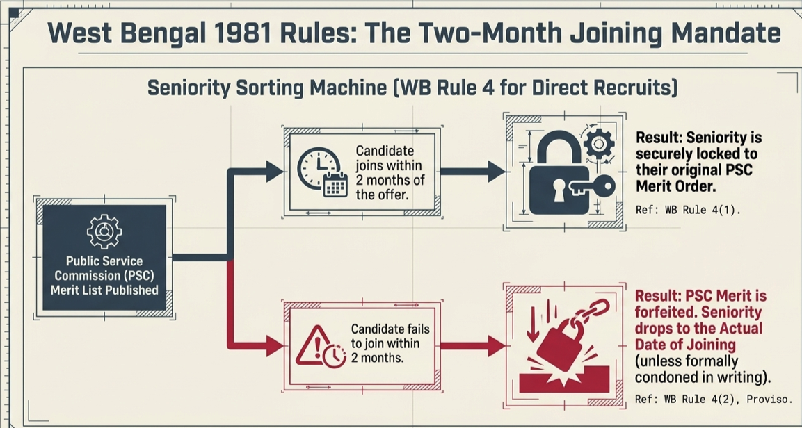 Flowchart explaining West Bengal service rules requiring direct recruits to join within two months to preserve Public Service Commission merit-based seniority.