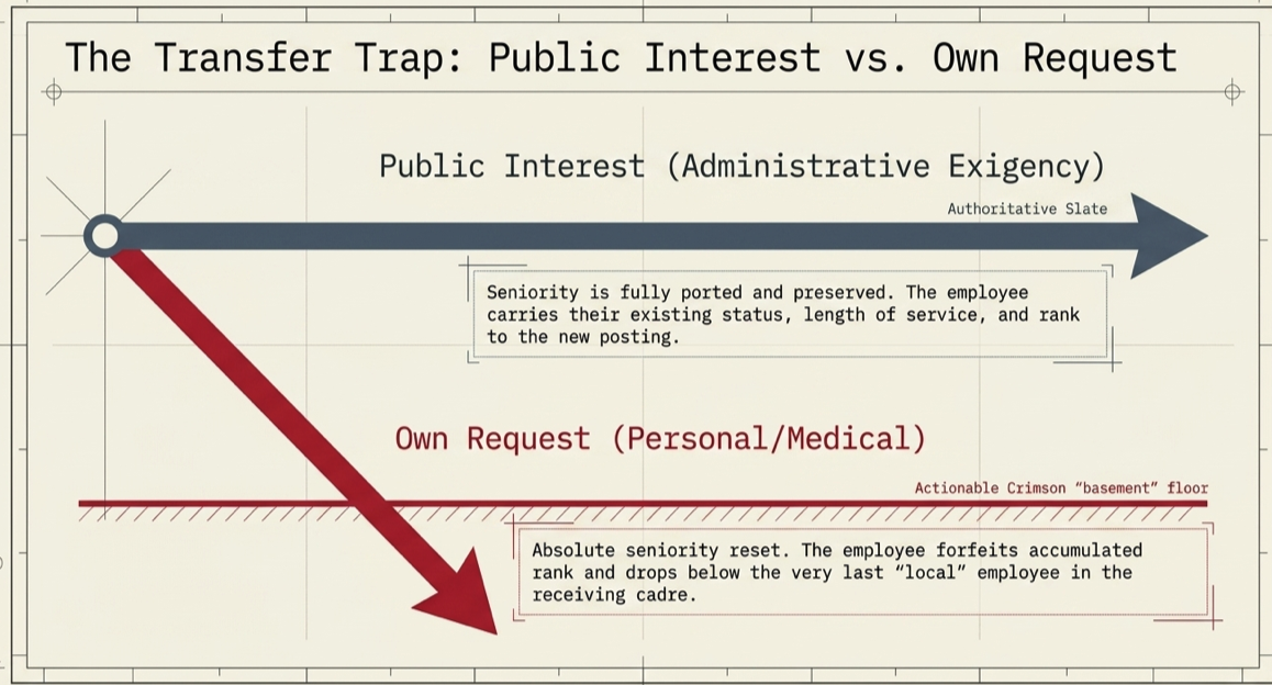 Government service law infographic comparing transfers in public interest with own-request transfers, highlighting preservation versus forfeiture of accumulated seniority.