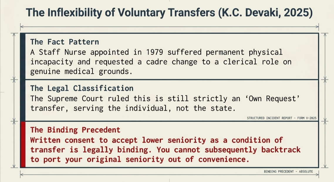 Case law infographic summarizing K.C. Devaki judgment, explaining that voluntary cadre transfers result in loss of accumulated seniority despite medical or personal grounds
