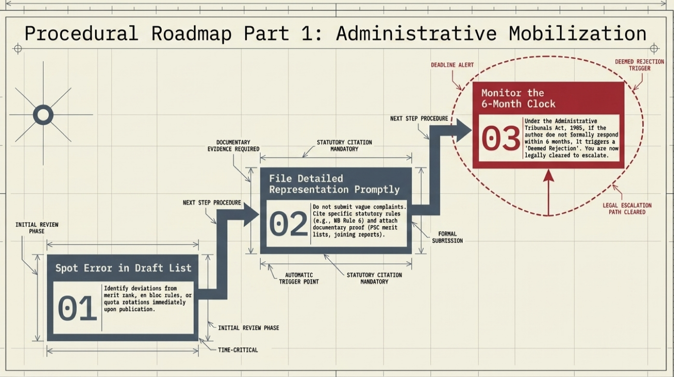 Step-by-step procedural roadmap showing how government employees can challenge an incorrect gradation list through representations and administrative remedies.