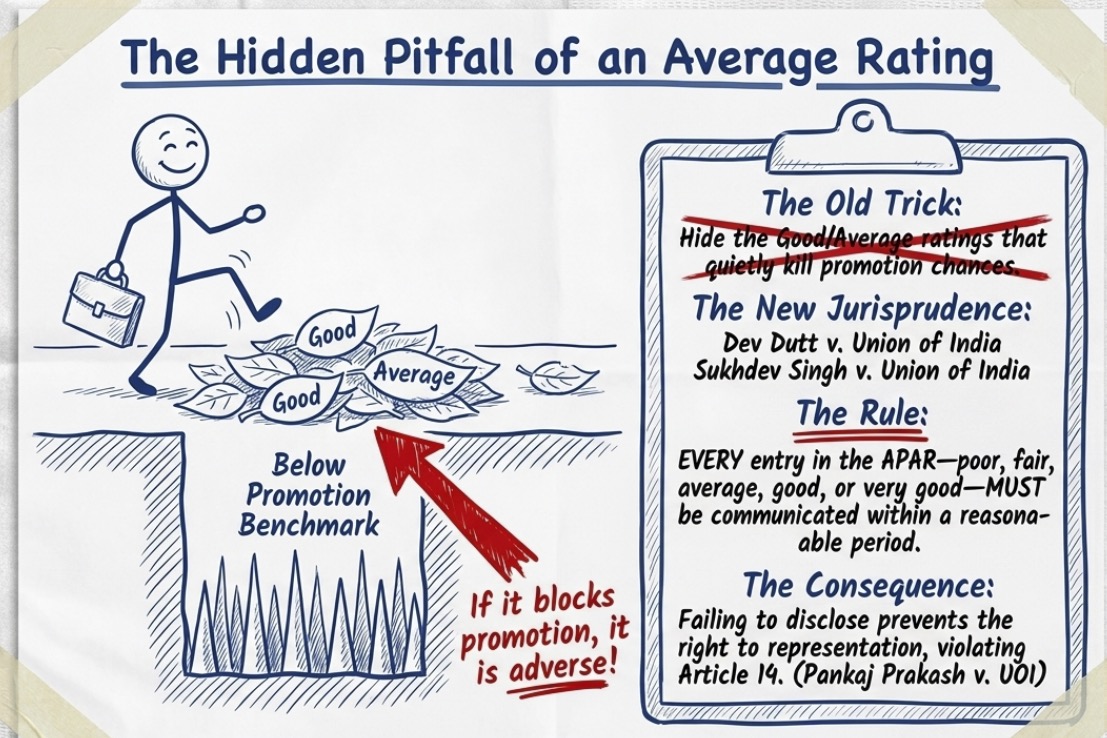 Infographic explaining that even an average APAR grading affecting promotion is treated as an adverse entry and must be communicated to the employee under Supreme Court jurisprudence.