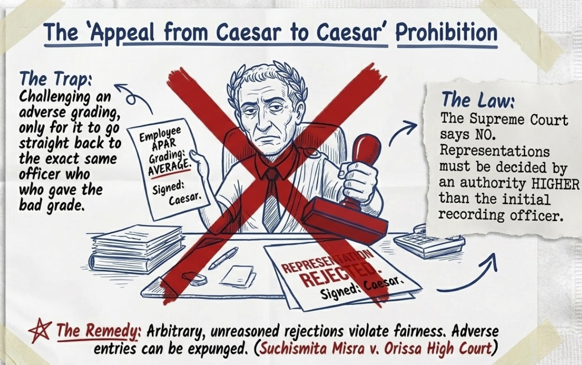 Infographic explaining that APAR representations must be decided by a higher authority and not by the same officer who recorded the adverse grading, ensuring fairness and natural justice.