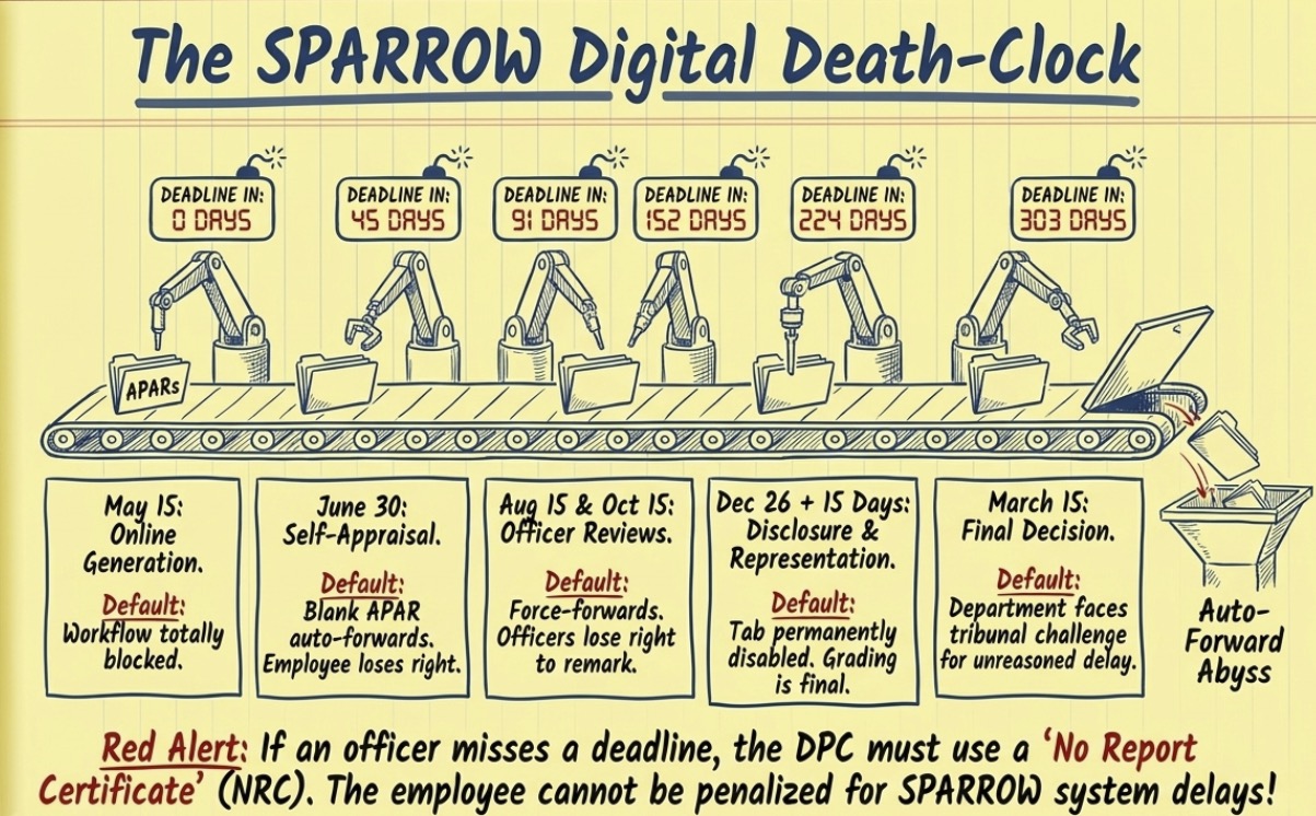 Timeline infographic explaining the SPARROW online APAR workflow, deadlines for self-appraisal, reviewing officers, disclosure, representation, final grading, and the effect of missed timelines on promotions.