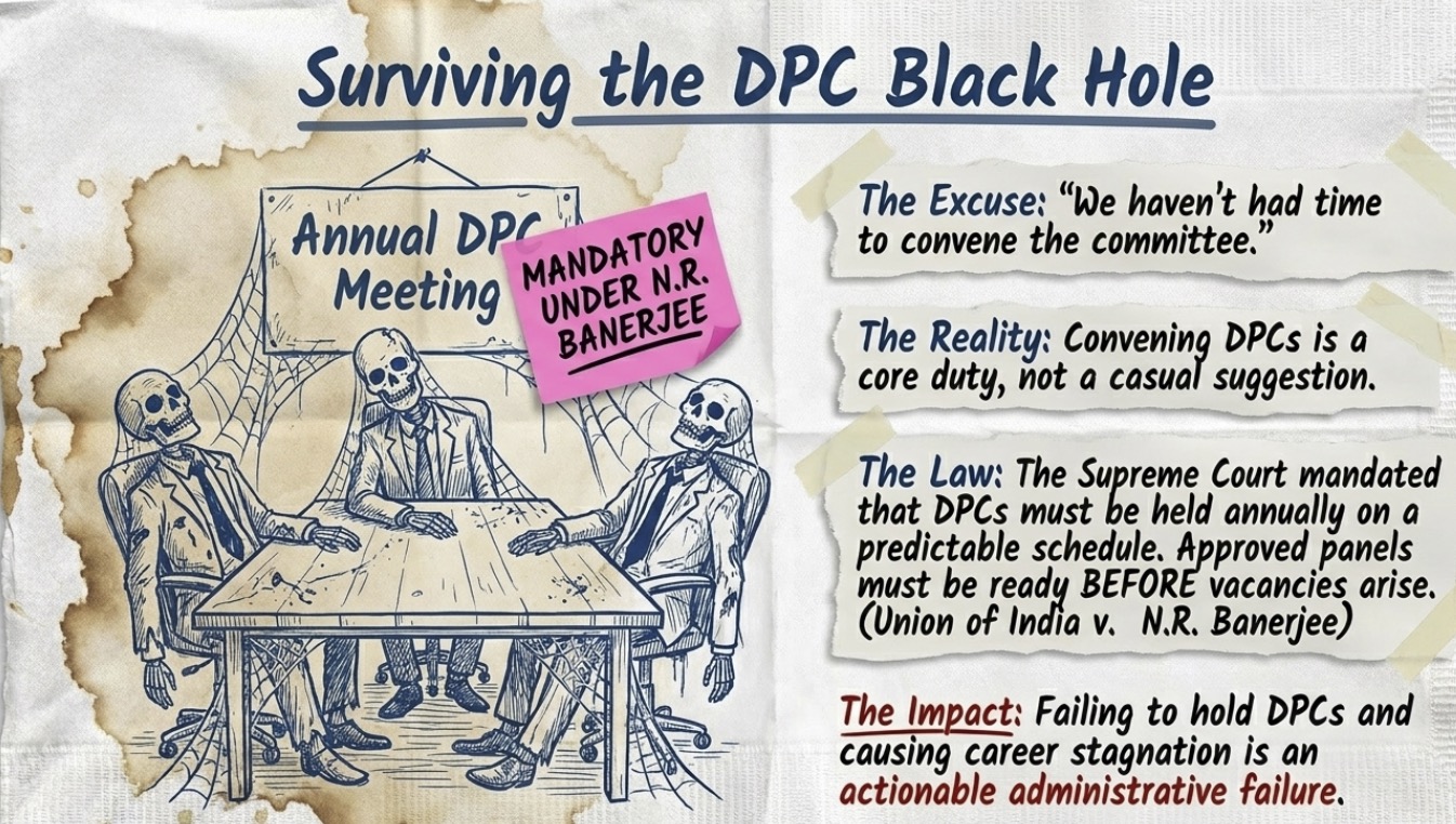 Infographic explaining mandatory annual Departmental Promotion Committee (DPC) meetings, delays in promotions, administrative accountability, and Supreme Court guidelines requiring timely DPCs.