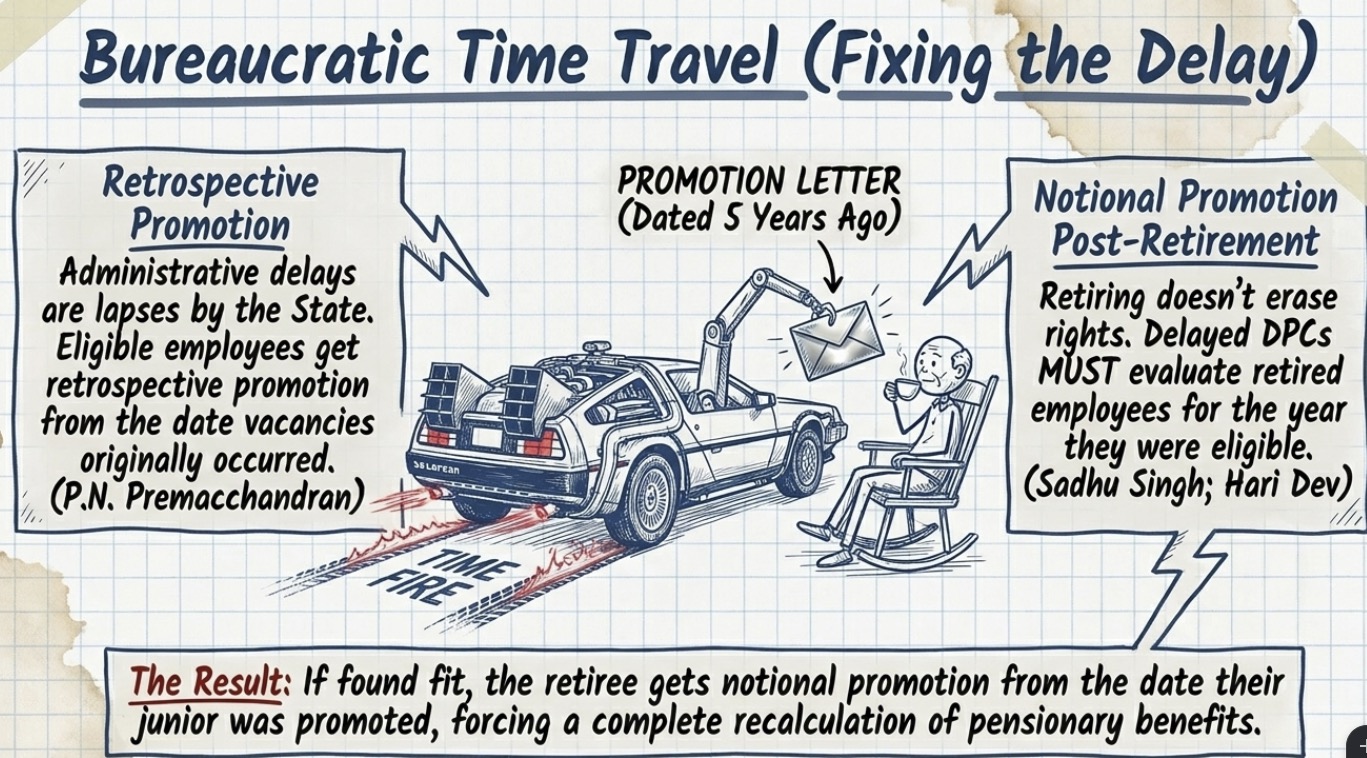 Infographic explaining retrospective promotion, delayed Departmental Promotion Committee (DPC) meetings, notional promotion after retirement, and revision of pensionary benefits in government service law.