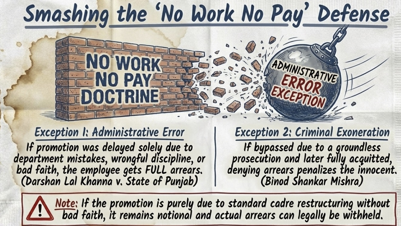 Infographic explaining exceptions to the 'No Work No Pay' principle in service law, including administrative error, wrongful denial of promotion, criminal exoneration, and entitlement to salary arrears.
