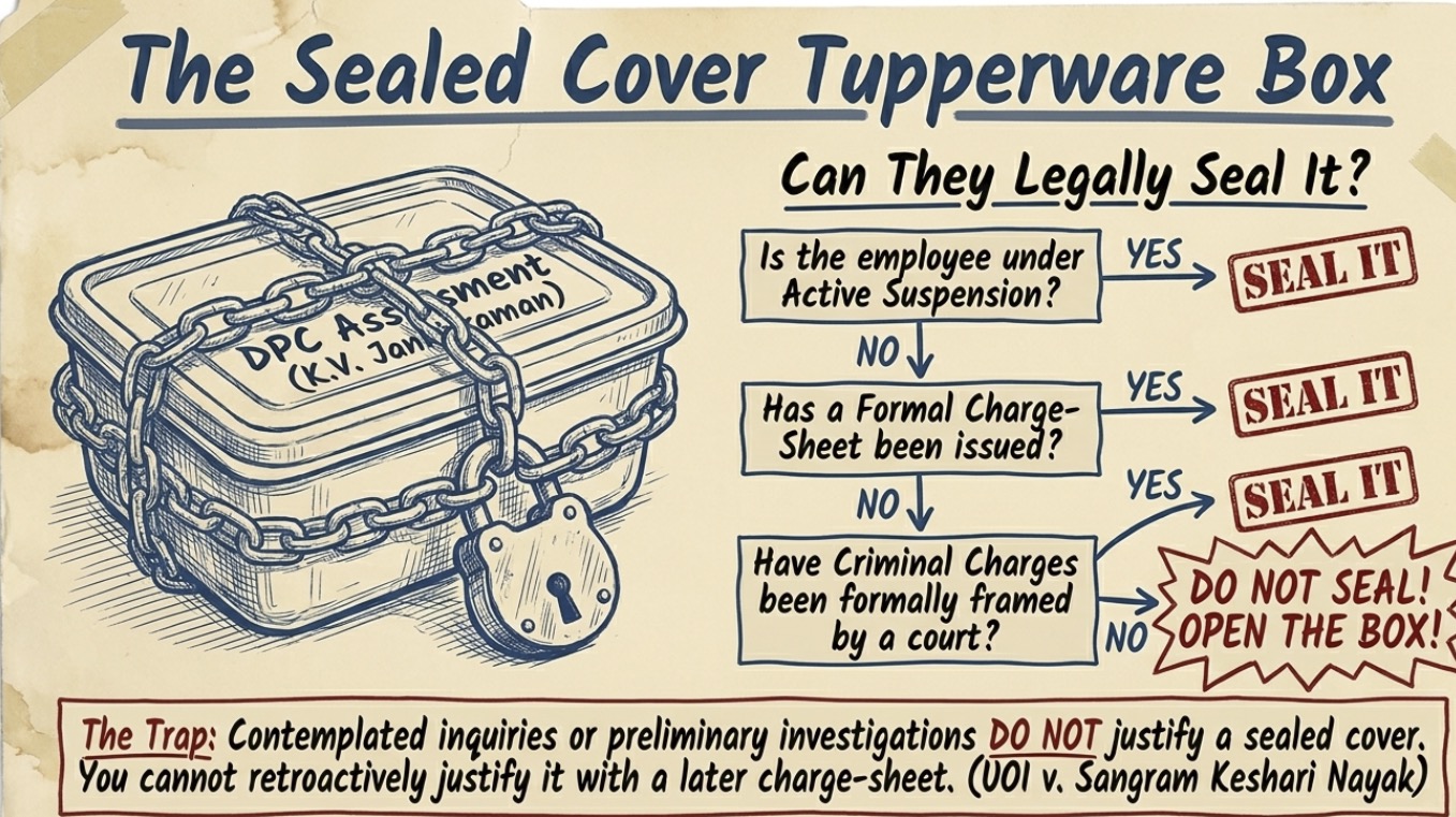 Flowchart infographic explaining when a sealed cover procedure can legally be applied during Departmental Promotion Committee (DPC) proceedings, including suspension, charge-sheet, criminal charges, and Supreme Court guidelines.