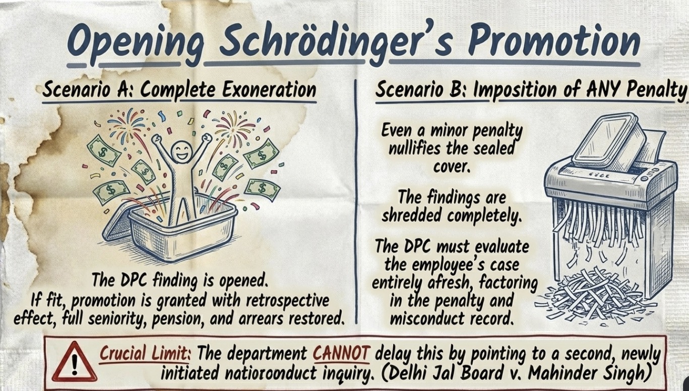 nfographic explaining the sealed cover procedure after disciplinary proceedings, showing the legal consequences of complete exoneration, penalties, retrospective promotion, seniority, and arrears.