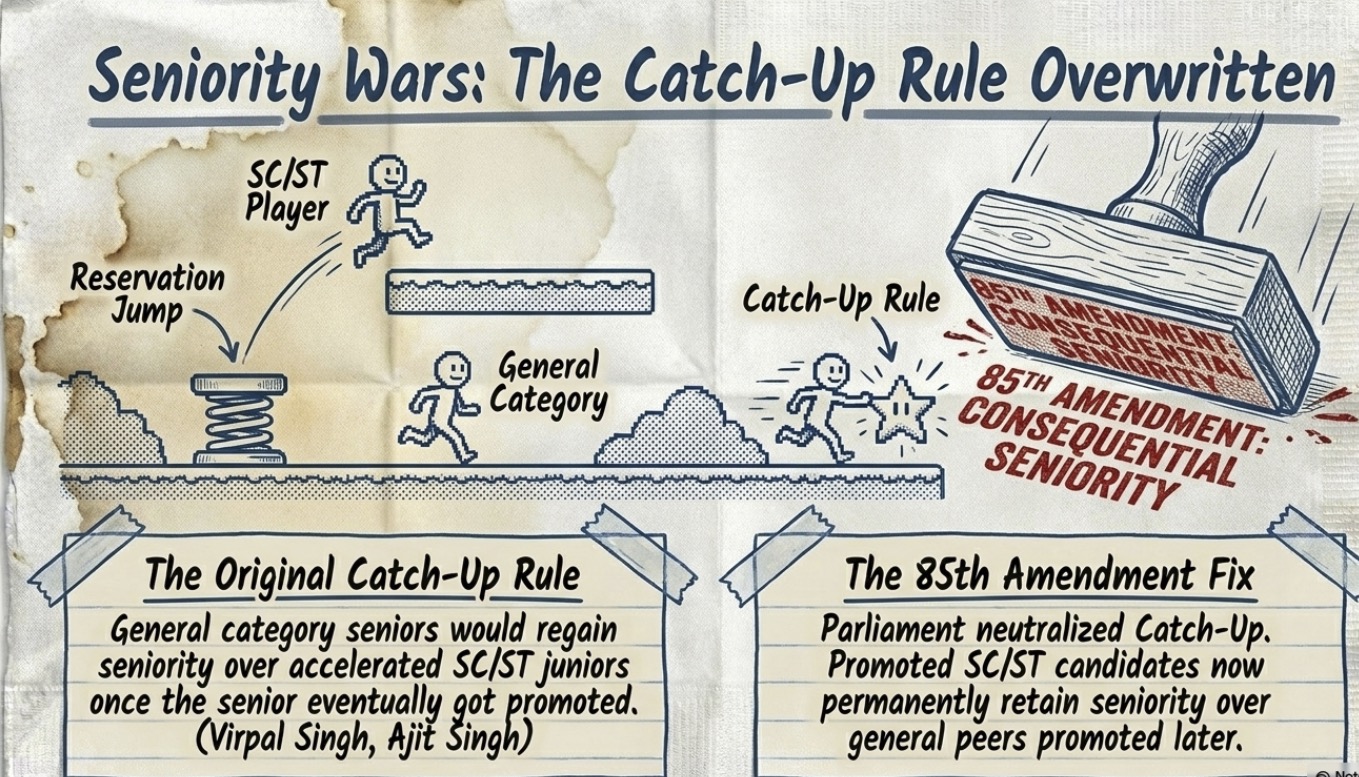 Legal infographic explaining the Catch-Up Rule, the 85th Constitutional Amendment, and consequential seniority for SC/ST employees in promotion under Indian service jurisprudence.