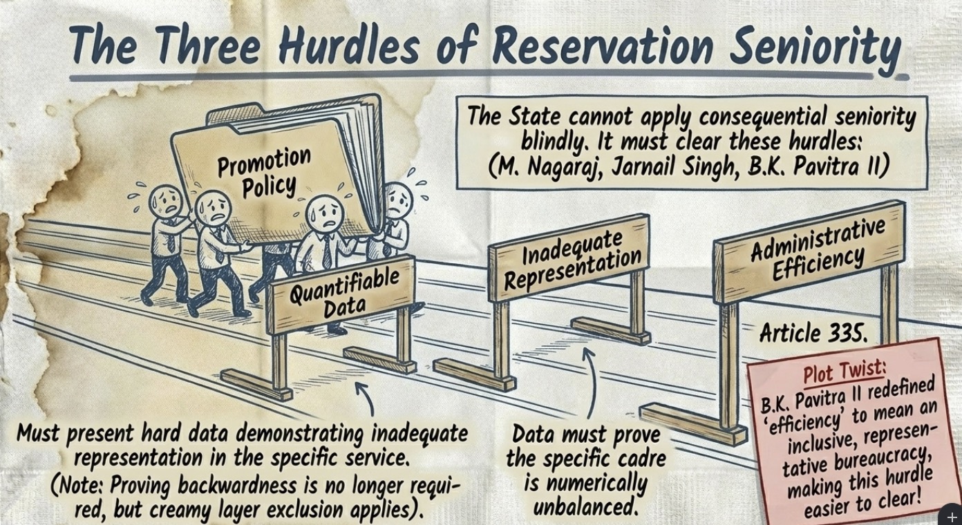 Infographic explaining reservation in promotion and consequential seniority under Articles 16(4A) and 335, highlighting quantifiable data, inadequate representation, administrative efficiency, and key Supreme Court decisions.