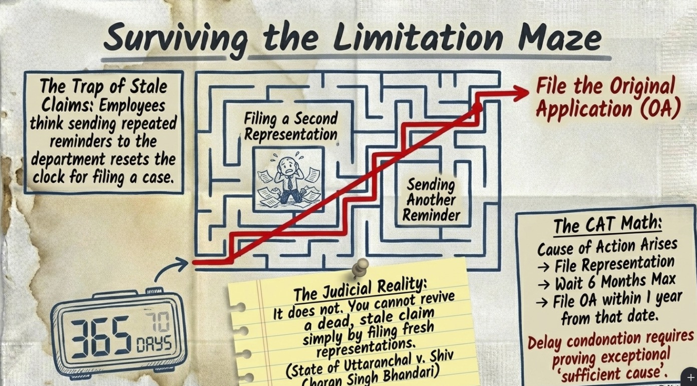 nfographic explaining limitation periods for filing Original Applications before the Central Administrative Tribunal (CAT), showing why repeated representations do not extend limitation and illustrating the timeline for legal action.