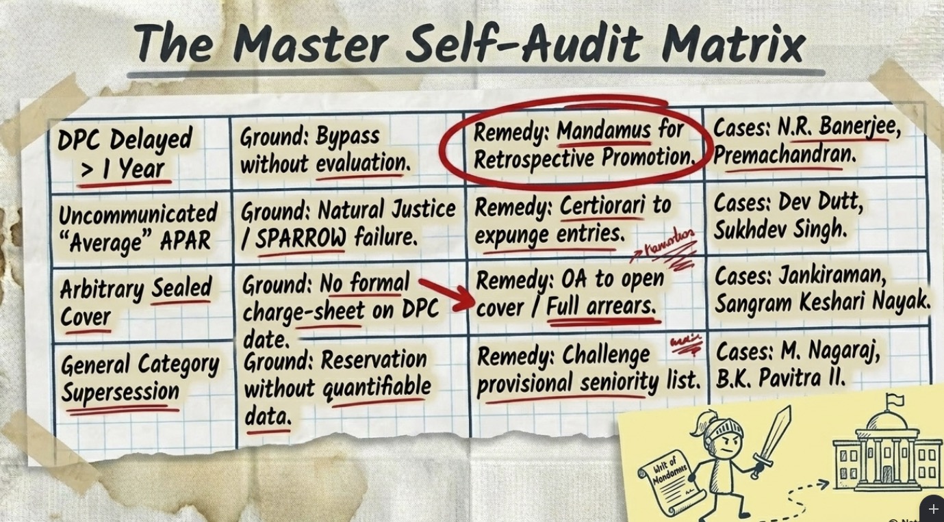 Master self-audit matrix infographic explaining common promotion disputes in Indian government service law, including delayed DPC, uncommunicated APAR, sealed cover procedure, supersession, legal remedies, and landmark Supreme Court judgments.