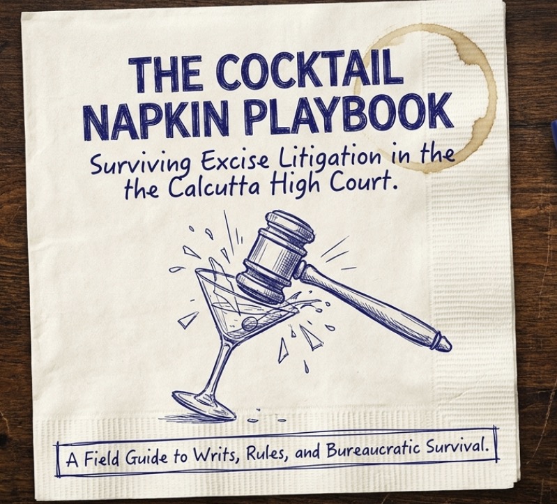 he Cocktail Napkin Playbook – illustrated guide to surviving West Bengal Excise litigation in the Calcutta High Court featuring a judge's gavel breaking a cocktail glass.