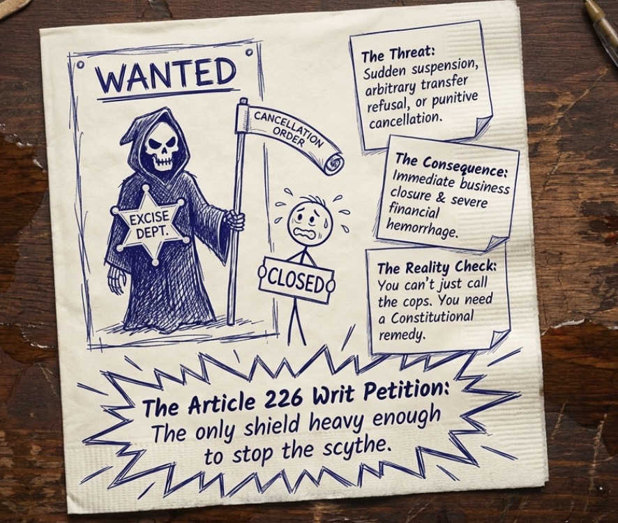 Illustration showing Article 226 writ petition as the primary constitutional remedy against arbitrary suspension, cancellation, and closure orders under the Bengal Excise Act.