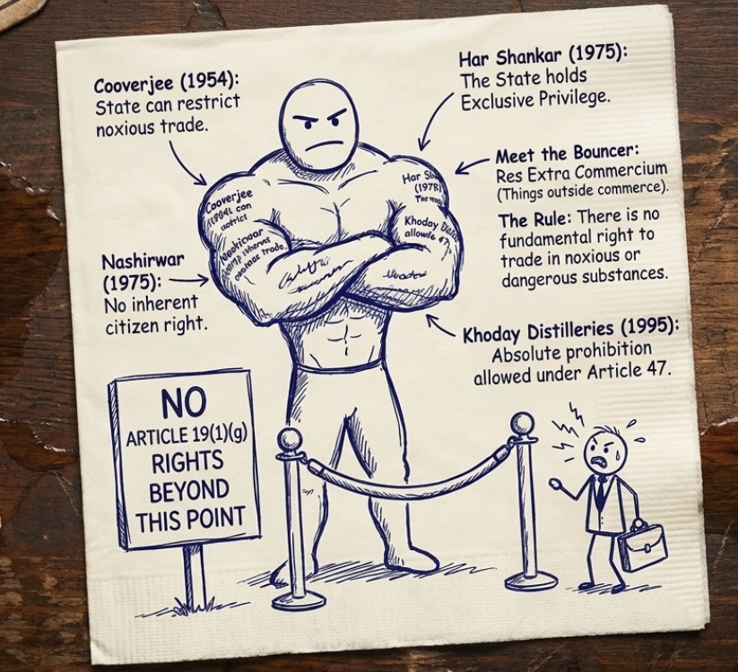 Illustration explaining that liquor trade is not protected under Article 19(1)(g), highlighting Supreme Court precedents including Cooverjee, Har Shankar, Nashirwar, and Khoday Distilleries.