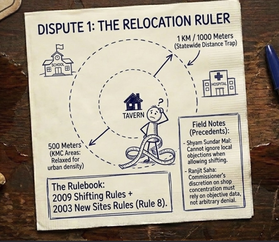 Illustration explaining liquor shop relocation rules in West Bengal, including 500-meter and 1-kilometer distance requirements with important High Court precedents.