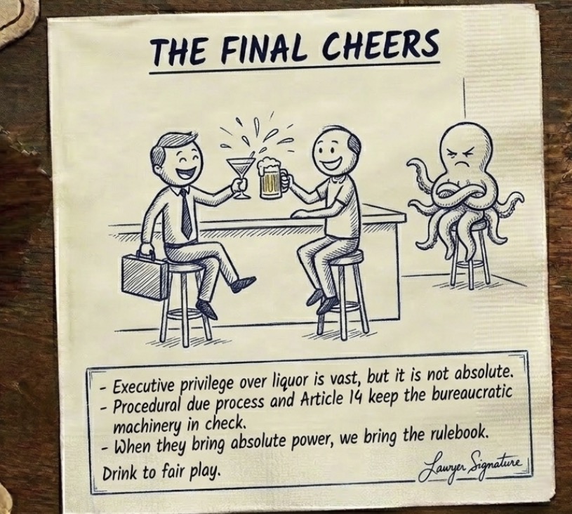 Illustration celebrating successful constitutional litigation emphasizing Article 14, procedural fairness, and judicial review over arbitrary liquor licensing decisions.