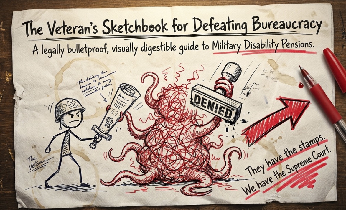 Educational illustration explaining service element plus disability element calculation for military disability pension with no minimum qualifying service requirement.