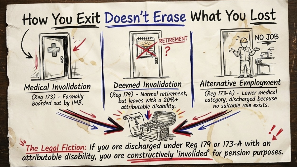 Educational illustration explaining that PCDA cannot override Medical Board findings and that misconduct does not automatically disqualify military disability pension.