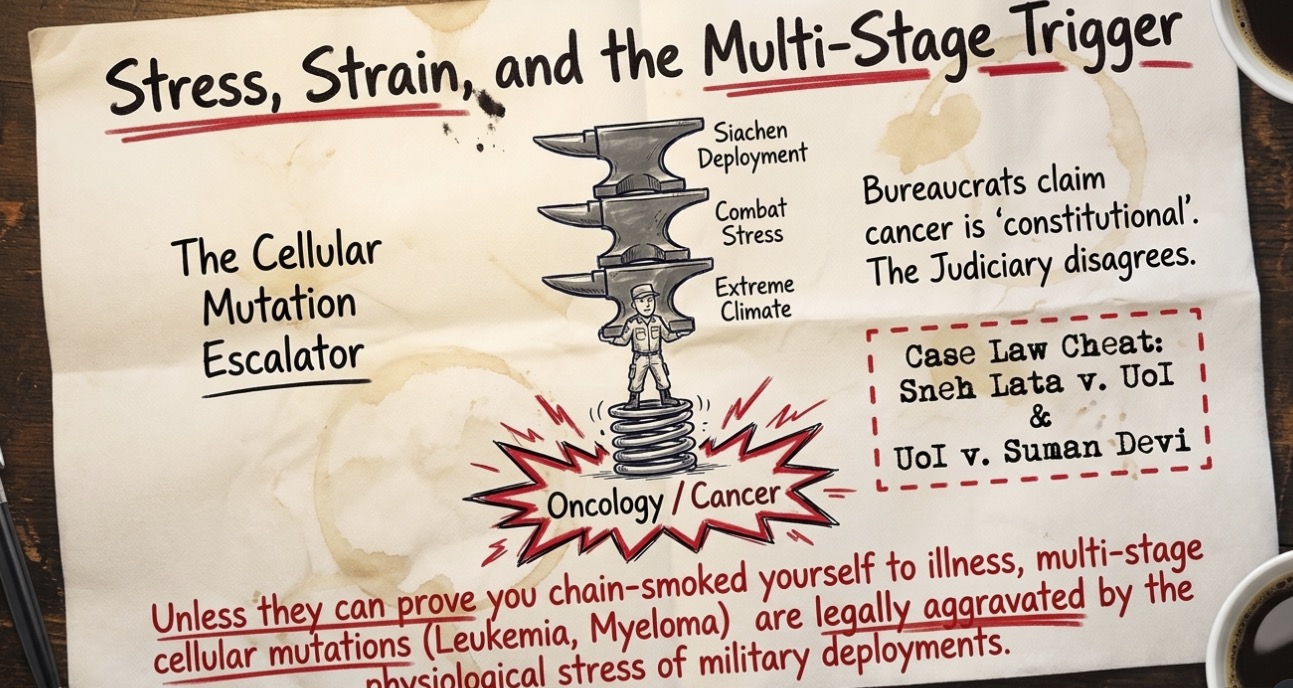 Illustration showing how combat stress, harsh deployments and extreme climate may aggravate diseases like cancer for military disability pension claims.