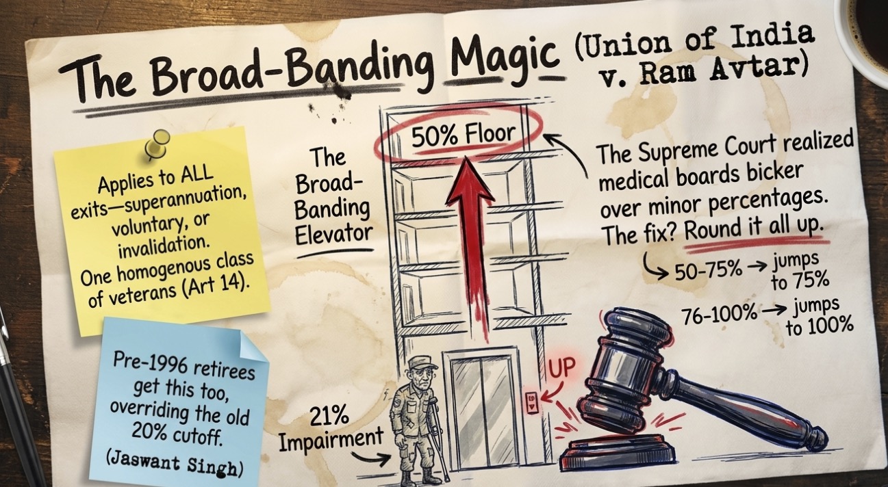 Educational graphic explaining disability broad-banding where 21% disability is rounded to 50%, 50–75% to 75%, and 76–100% to full disability pension.