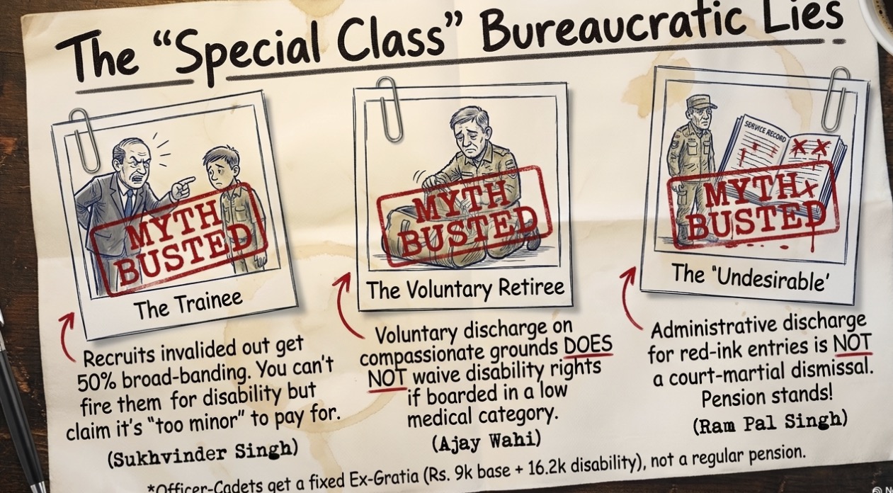 Visual guide debunking myths about trainees, voluntary retirees and administrative discharge cases relating to armed forces disability pension eligibility.