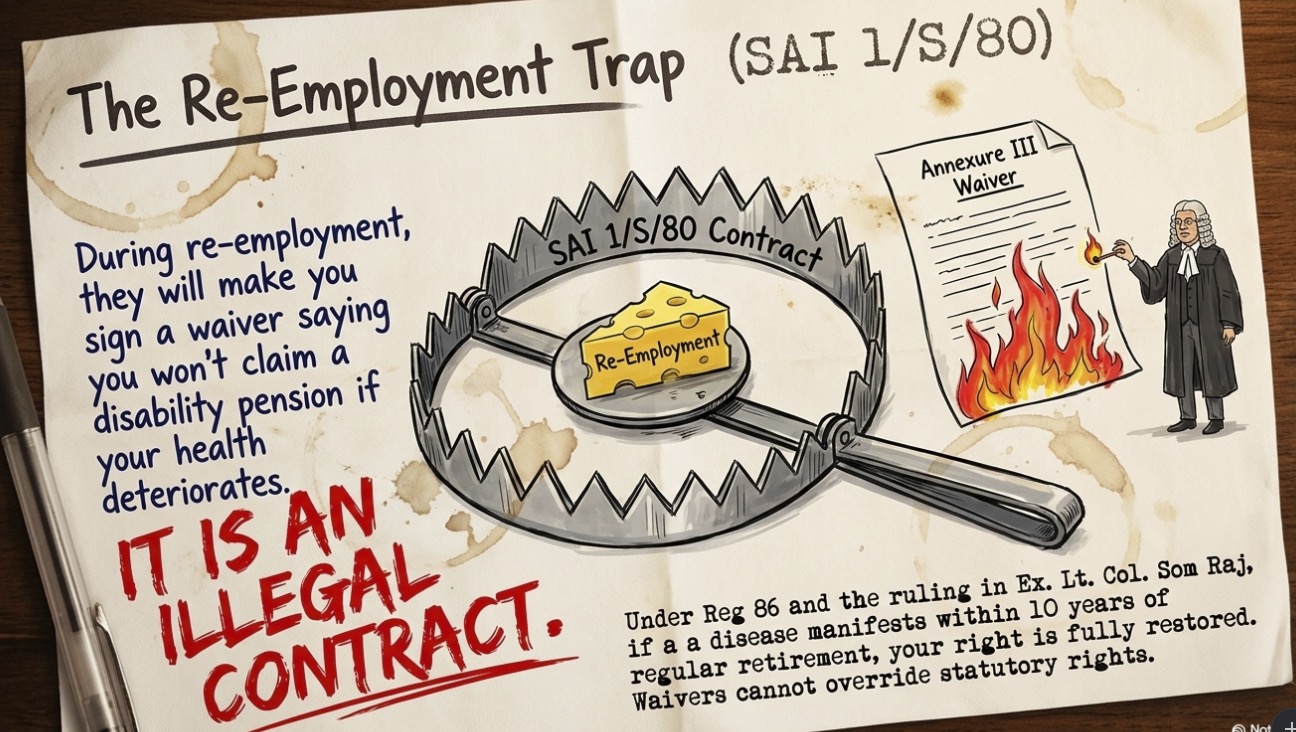 Infographic explaining why disability pension waiver clauses signed during military re-employment are legally unenforceable under pension regulations.