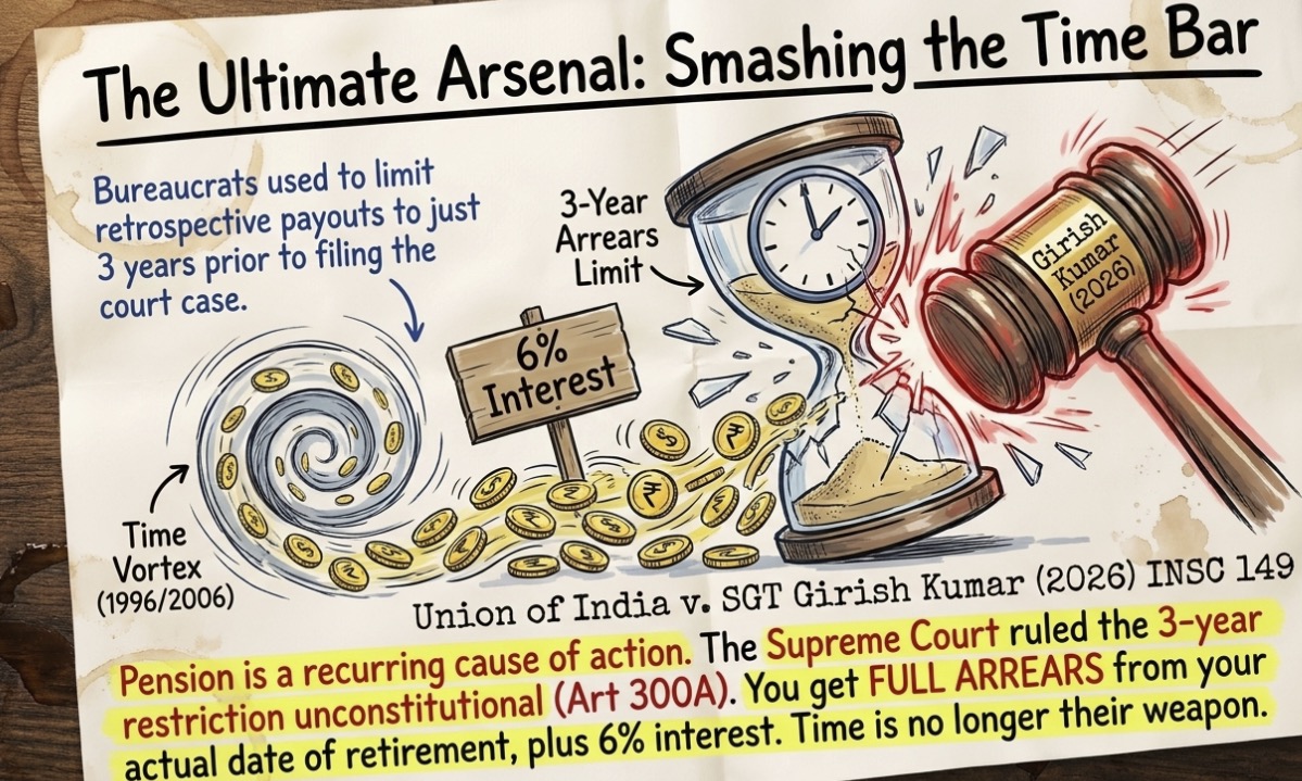 Illustrated cover of a military disability pension guide showing a veteran fighting bureaucratic denial using Supreme Court judgments against pension claim rejections.