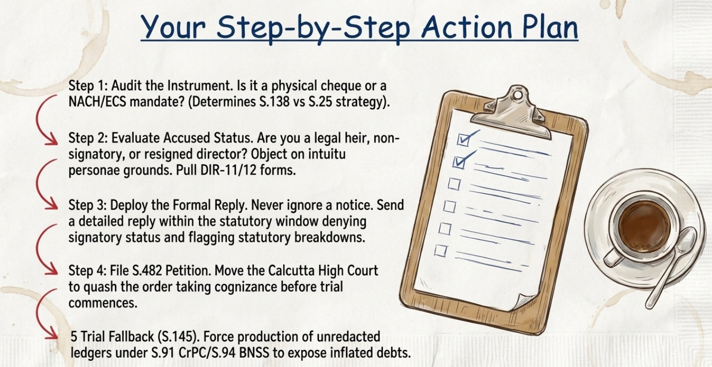Checklist outlining a step-by-step legal strategy for defending cheque bounce cases, including identifying the instrument, assessing accused status, replying to statutory notices, filing a Section 482 quashing petition, and trial-stage document production.